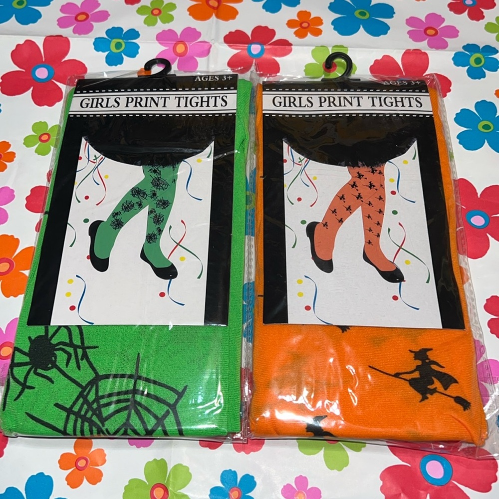 New Two Pairs Girls Green Spider & Orange Witch Print Tights Costume Ages 3+ (A)